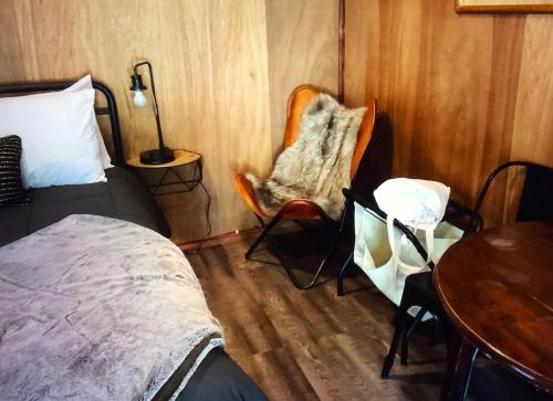ein Schlafzimmer mit einem Bett, einem Stuhl und einem Tisch in der Unterkunft Diggins Cabin 2 in O'Brien