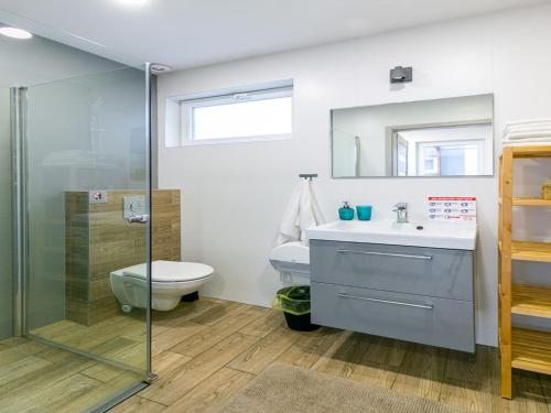 a bathroom with a toilet and a sink and a shower at Holiday Home in Niechorze near Baltic Beach in Niechorze