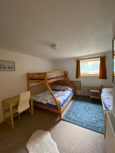 a bedroom with two bunk beds and a desk at Samostatný apartmán se zahradou in Bedřichov