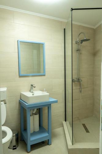 a bathroom with a sink and a glass shower at M & M Studio in Jurilovca