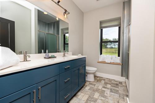 a bathroom with a blue vanity and a toilet at Oasis Near Charlottesville With Pool, Grill in Zion Crossroads