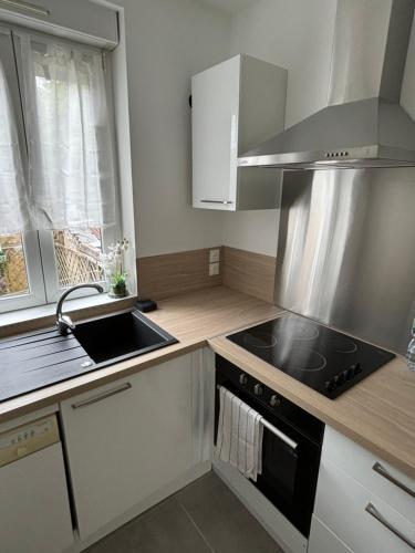 a kitchen with a stove top oven next to a sink at Appartement style Haussmannien Dreux Centre in Dreux