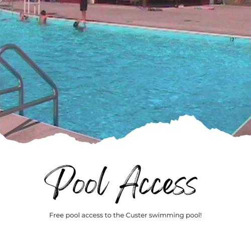 a swimming pool with blue water and the words pool access at Dwntwn Custer Farmhouse On Main St With Hot Tub in Custer