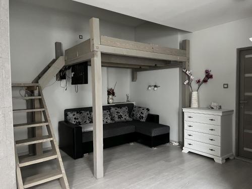 una camera da letto con un letto a soppalco con un divano e una cassettiera di Blooming sky a Budapest