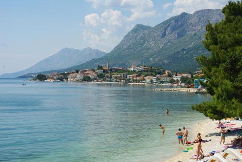 a group of people on a beach in the water at Villa Elvira in Gradac