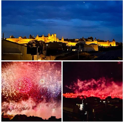 a group of four pictures of a city with fireworks at Rooftop N°38 - Rooms et Studios - Vue Cité Médiévale in Carcassonne