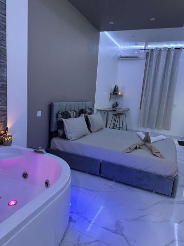 a bedroom with a bed and a bath tub at Suite GOLD by L Amaryllis I Jacuzzi & Sauna privé I Centre Béziers Arrivée autonome in Béziers