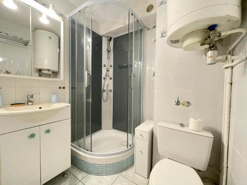 une salle de bain avec une douche, des toilettes et un lavabo dans l'établissement T2 avec loggia vitrée, terrasse, parking à Sète - FR-1-338-589, à Sète