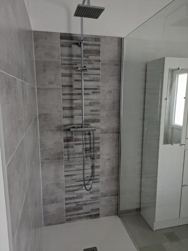 une douche avec pommeau de douche dans une salle de bain dans l'établissement Maison de famille Meschers sur Gironde à 14 mn à pieds de la plage, à Meschers-sur-Gironde
