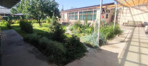 a garden with plants in front of a building at Alay Guest House in Tokmok