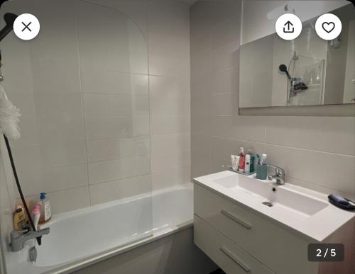 une salle de bain avec un lavabo, une baignoire et un miroir dans l'établissement Solférino, à Lille