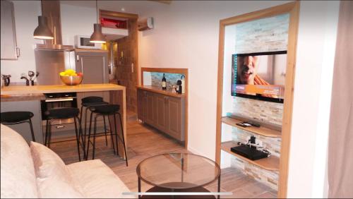 Il comprend un salon avec une télévision et une cuisine avec un comptoir. dans l'établissement Studio avec mezzanine, à Antibes