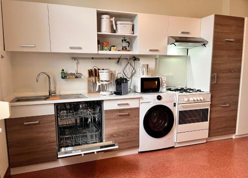 a kitchen with a washing machine and a washer at Apartment am Schloss-Park Wiesbaden Biebrich am Rhein in Wiesbaden