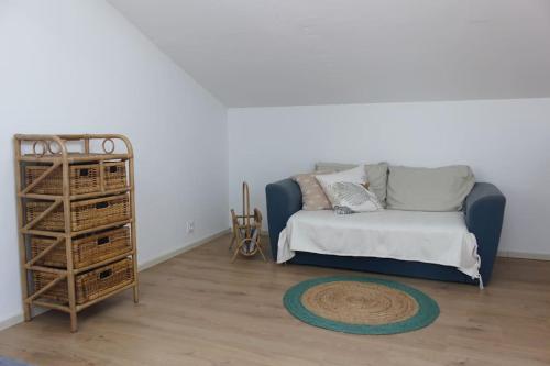 Una sala de estar con un sofá y una estantería. en Dependance dans les Landes, en Escource