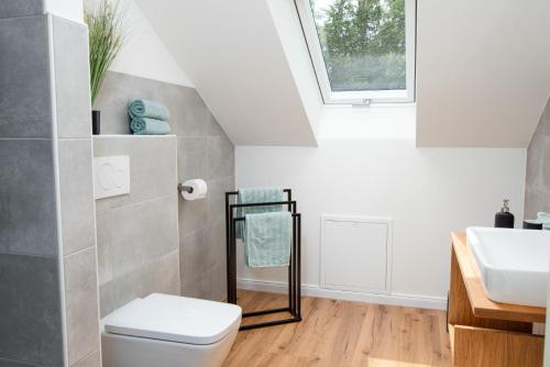 a bathroom with a toilet and a sink and a window at Ferienwohnung Freia im historischen Gulfhof in Krummhörn