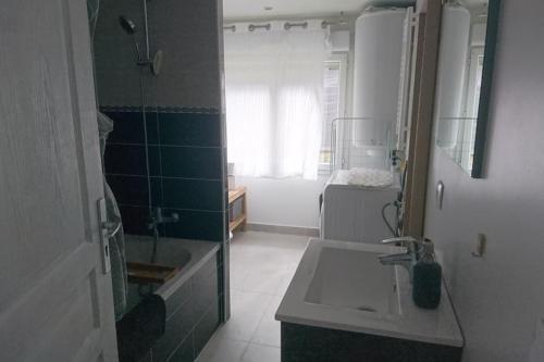 une salle de bain avec un lavabo et une douche dans l'établissement Maison proche Paris JO 2024 Airport CDG Disney Parc Exposition, à Villeparisis