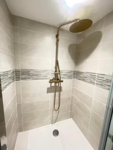 a shower with a shower head in a bathroom at dday cottage gold beach in Saint-Côme-de-Fresné