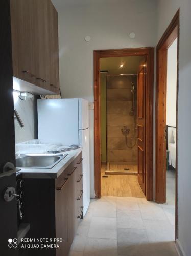 a kitchen with a shower and a sink and a refrigerator at Iris House in Ierissos