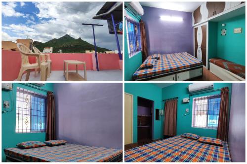 a collage of four pictures of a room with a bed at New Ramana Maharshi Pvt Guest House in Tiruvannāmalai