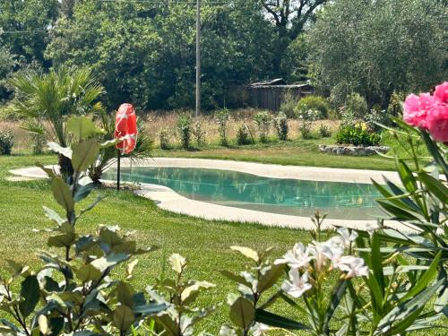 a swimming pool in a garden with a red umbrella at Agriturismo San Ansanino- Piscina con spiaggia-Aria condizionata in Pari