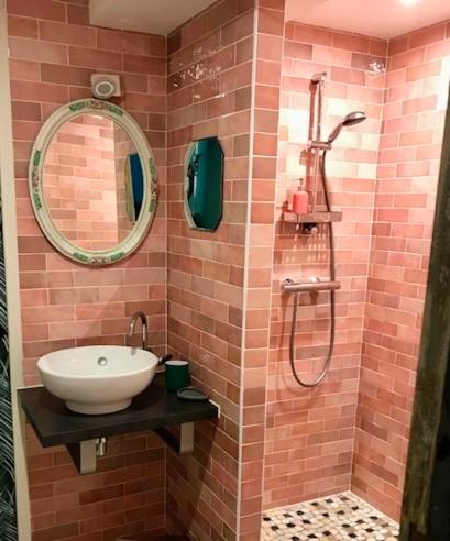 une salle de bain avec un lavabo et une douche avec un miroir dans l'établissement La petite pomme, à Hermanville-sur-Mer