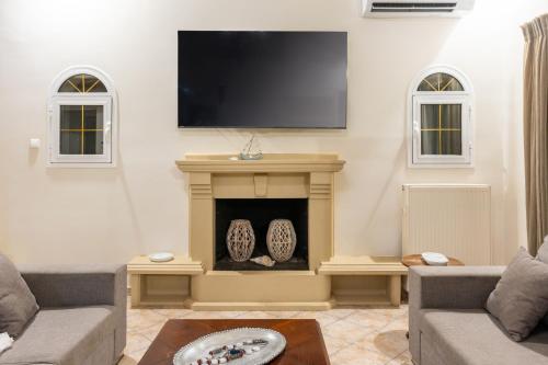 a living room with a fireplace with a flat screen tv at LDV ZANTE VILLAS - Luxury Dream Villa in Pandokrátor
