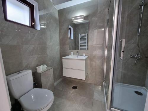 a bathroom with a toilet and a sink and a shower at Pensiunea Maty in Băile Herculane