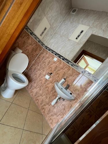 an overhead view of a bathroom with a toilet and a sink at Pokoje REMUS in Szymbark