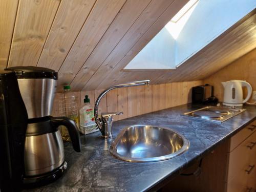 a kitchen counter with a sink and a coffee maker at Piibelehe Guest Accommodation in Kuressaare