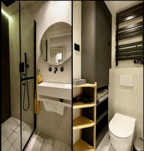 une salle de bain avec un lavabo, des toilettes et un miroir dans l'établissement Masséna street, 2 rooms balcony, à Nice