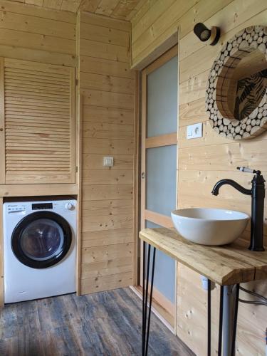 une salle de bain avec une machine à laver et un lavabo dans l'établissement Le Coquelicot - Chalet avec Spa, à Trainel