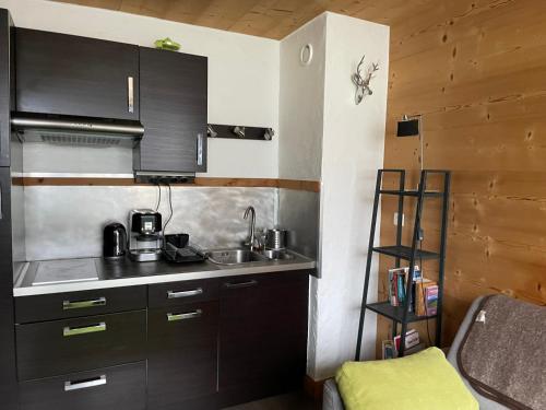 une petite cuisine avec un évier et un comptoir dans l'établissement Magnifique Studio Plein centre vue panoramique, à Chamonix-Mont-Blanc
