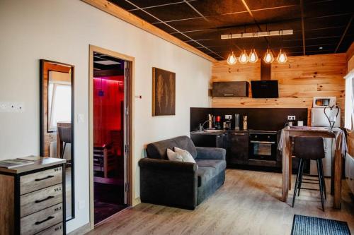 un salon avec un canapé et une cuisine dans l'établissement Chalet avec espace privatif, à Maroilles
