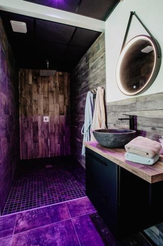 La salle de bains violette est pourvue d'un lavabo et d'une douche. dans l'établissement Chalet avec espace privatif, à Maroilles