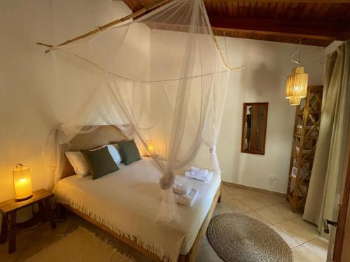 a bedroom with a bed with a mosquito net at Casinha Serena by east ALgarve guest in Santo Estêvão