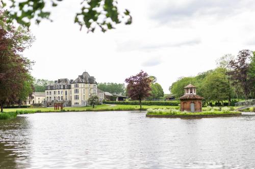 a view of the lake in front of a mansion at Nuit romantique au château de Saint Vitu vue sur le parc 103 in Tinlot