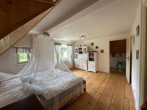 a bedroom with a bed with a mosquito net at Chalupa na soutoku in Lobendava