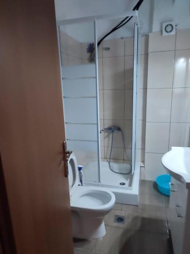 a bathroom with a shower and a toilet and a sink at Ammouliani Apartments in Ammouliani