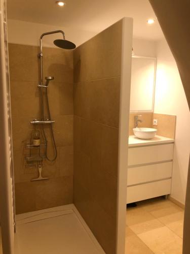 une salle de bain avec douche et lavabo dans l'établissement T2 cosy tout équipé avec terrasse plancha, à Montauroux