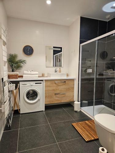 une salle de bain avec une machine à laver et un lavabo dans l'établissement Arcarêve - Grand Studio Deluxe avec terrasse, jardin et accès plage, à Arcachon