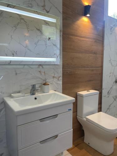 a bathroom with a white sink and a toilet at Nits Guesthouse in Kvariat'i