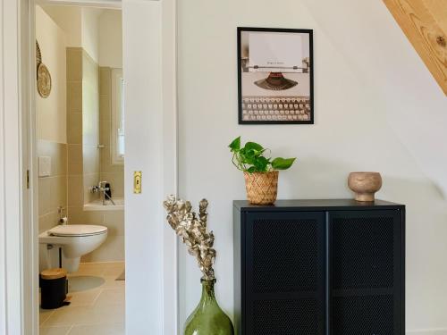 a bathroom with a black cabinet and a toilet at Dora o wellness o mountainview o lake Lucerne in Ingenbohl