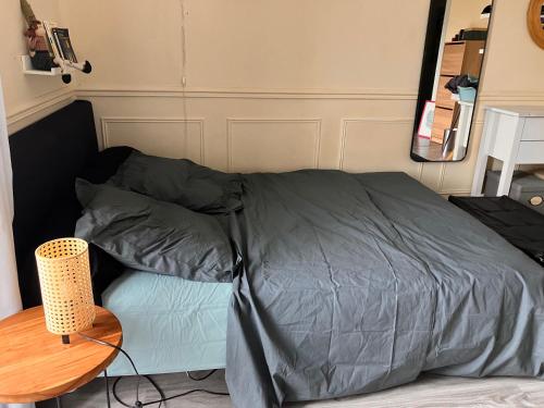 un lit avec une couette grise à côté d'une table dans l'établissement Chambre 1-2 places Nice Libération, à Nice