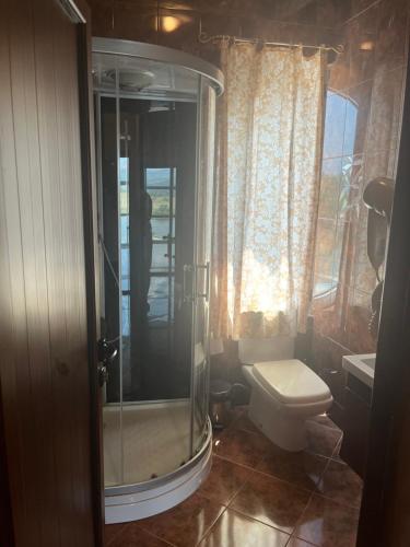 a bathroom with a toilet and a glass shower at Hotel Liana in Ulcinj