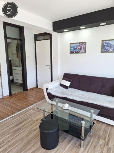 a living room with a couch and a glass table at Apartments Sokolović in Višegrad
