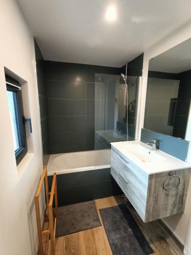 une salle de bain avec un lavabo et une baignoire dans l'établissement Studio indépendant, à Nogent-lʼArtaud