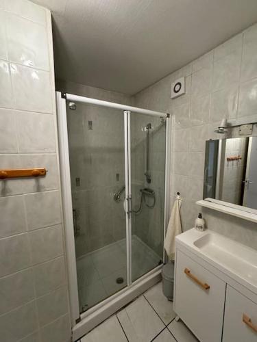 a bathroom with a shower and a sink at Chez Kiki in Châtillon-sur-Seine