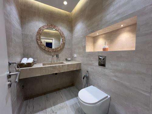 a bathroom with a toilet and a sink and a mirror at Imi Ouaddar Appartement Parfait in Imi Ouaddar