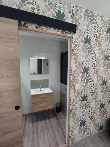 une salle de bain avec un lavabo et un miroir dans l'établissement Entre canal et garrigue, à Roubia