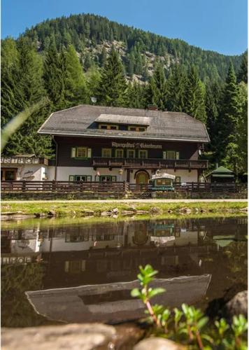 a large building sitting on top of a lake at Alpengasthof Gutenbrunn in Mallnitz